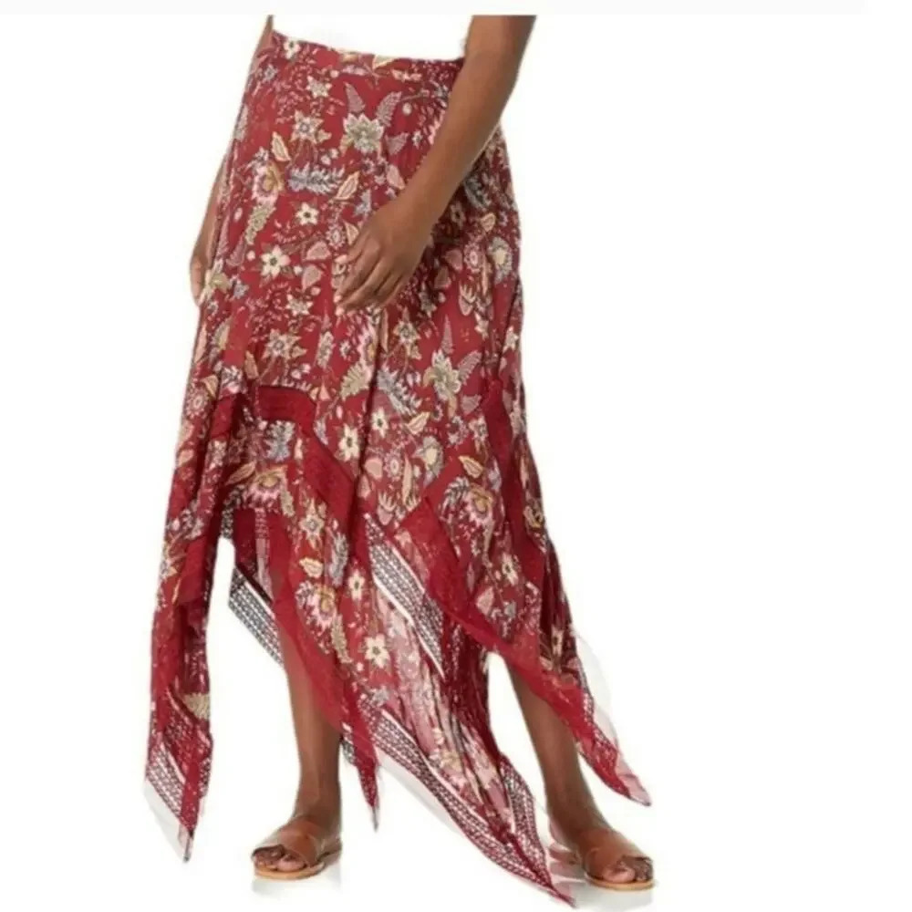 BCBGMaxazria Floral Toile Handkerchief Midi Floral Red Skirt Size: XL